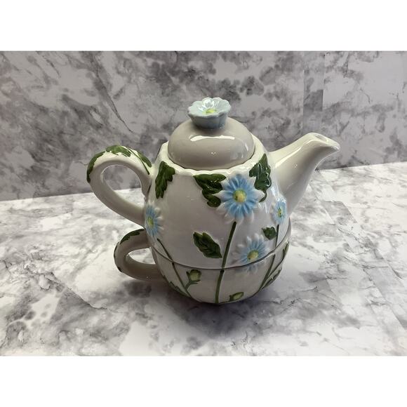 "Tea For One" 3 Piece Hand Painted Spring Floral Tea Pot - Vintage - Picture 3 of 7